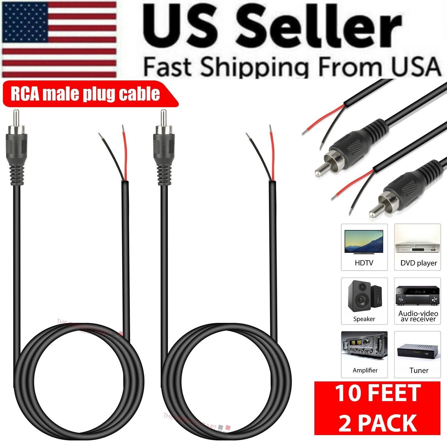 Home Cinema Amplifier - 2-Pack 10ft RCA Male Plug To